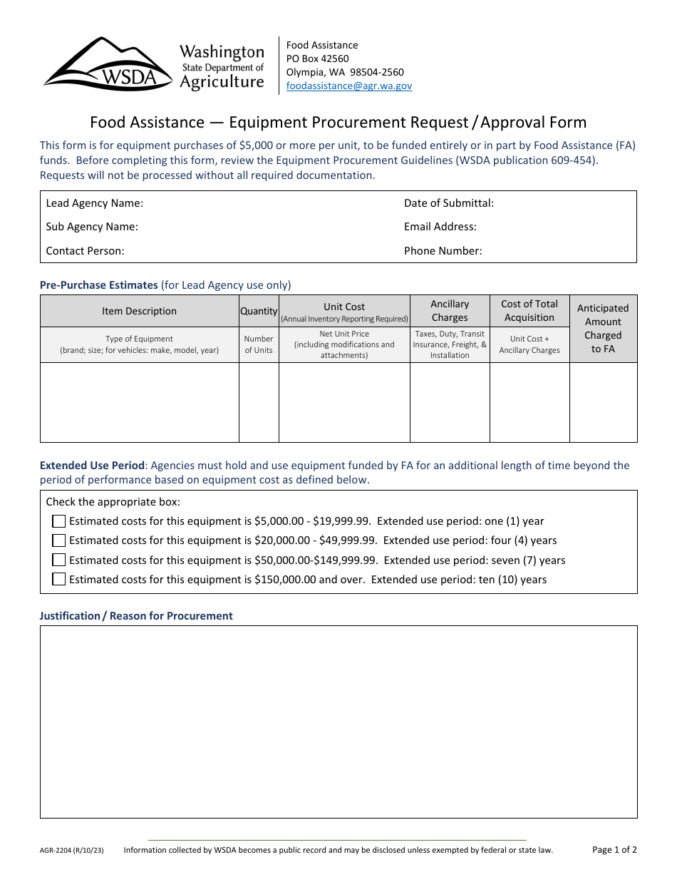 Form AGR-2204 Food Assistance - Equipment Procurement Request / Approval Form - Washington, Page 1