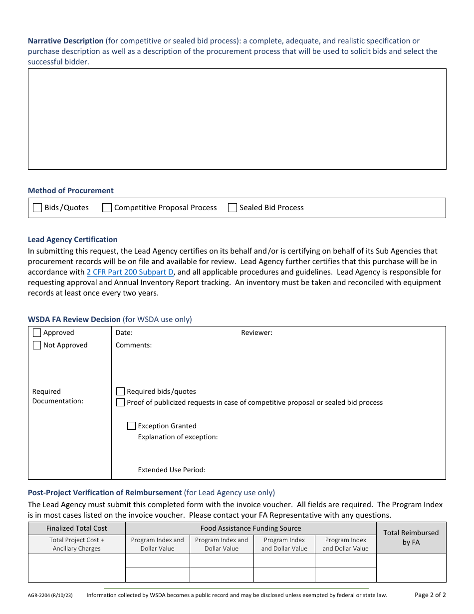 Form AGR-2204 Food Assistance - Equipment Procurement Request / Approval Form - Washington, Page 2