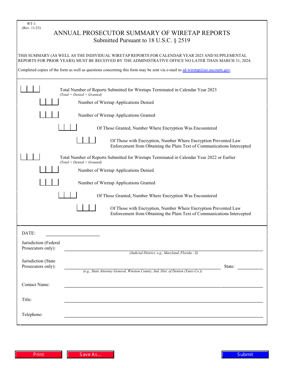 Form WT-1 Annual Prosecutor Summary of Wiretap Reports, Page 1