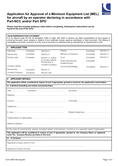 Form SRG1762 Application for Approval of a Minimum Equipment List (Mel) for Aircraft by an Operator Declaring in Accordance With Part-Ncc and/or Part Spo - United Kingdom