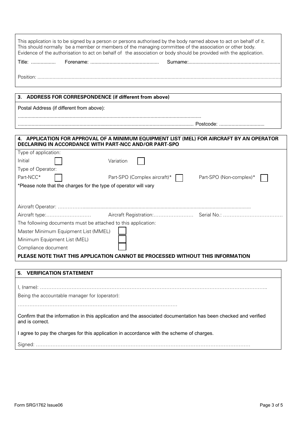 Form SRG1762 Application for Approval of a Minimum Equipment List (Mel) for Aircraft by an Operator Declaring in Accordance With Part-Ncc and / or Part Spo - United Kingdom, Page 3