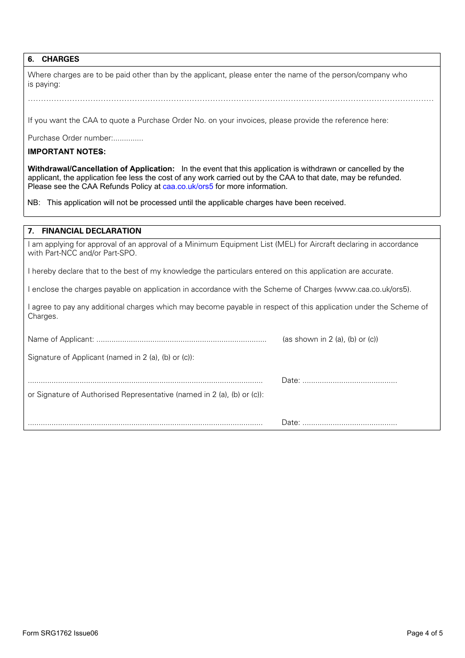 Form SRG1762 Application for Approval of a Minimum Equipment List (Mel) for Aircraft by an Operator Declaring in Accordance With Part-Ncc and / or Part Spo - United Kingdom, Page 4