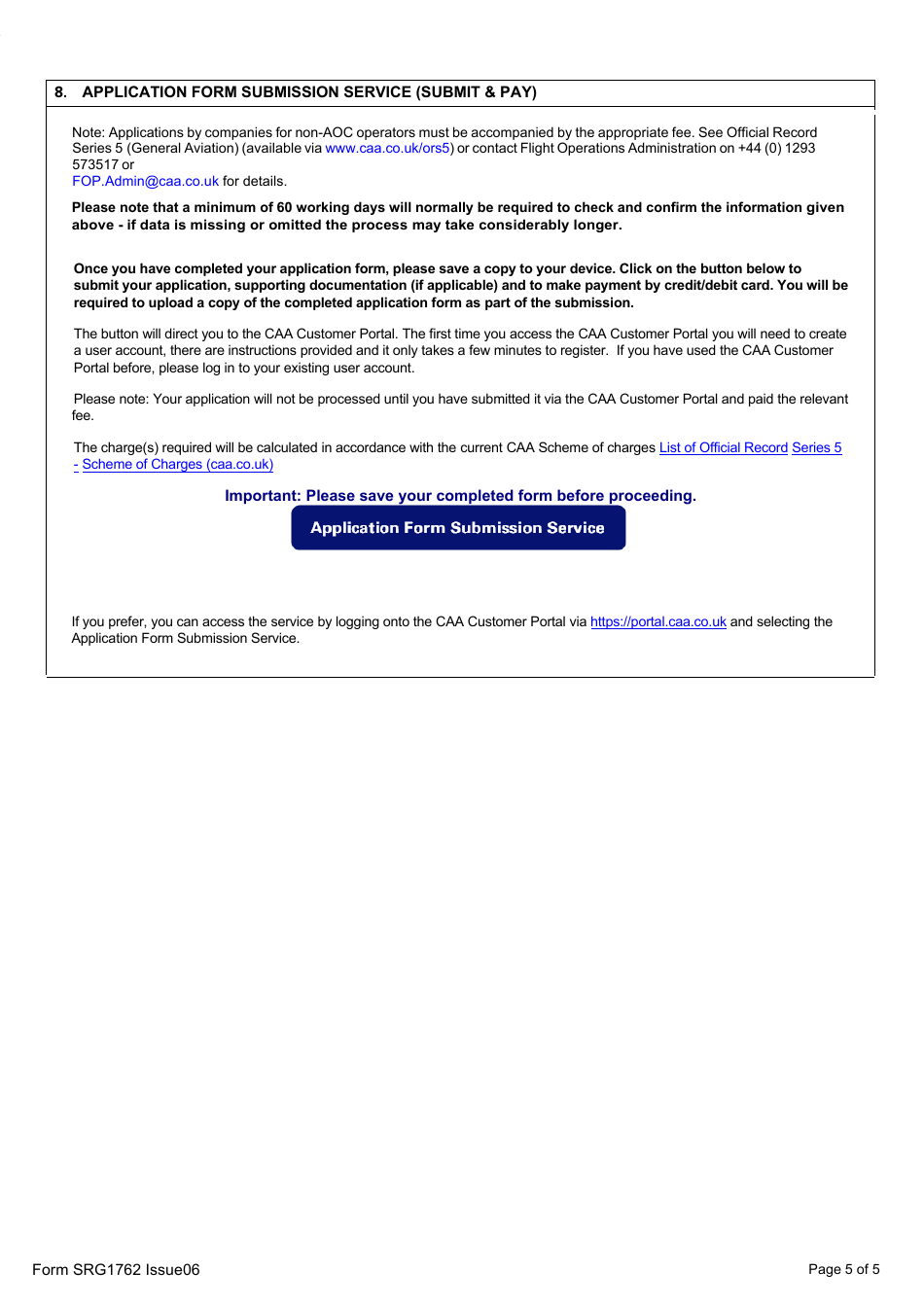 Form SRG1762 Application for Approval of a Minimum Equipment List (Mel) for Aircraft by an Operator Declaring in Accordance With Part-Ncc and / or Part Spo - United Kingdom, Page 5