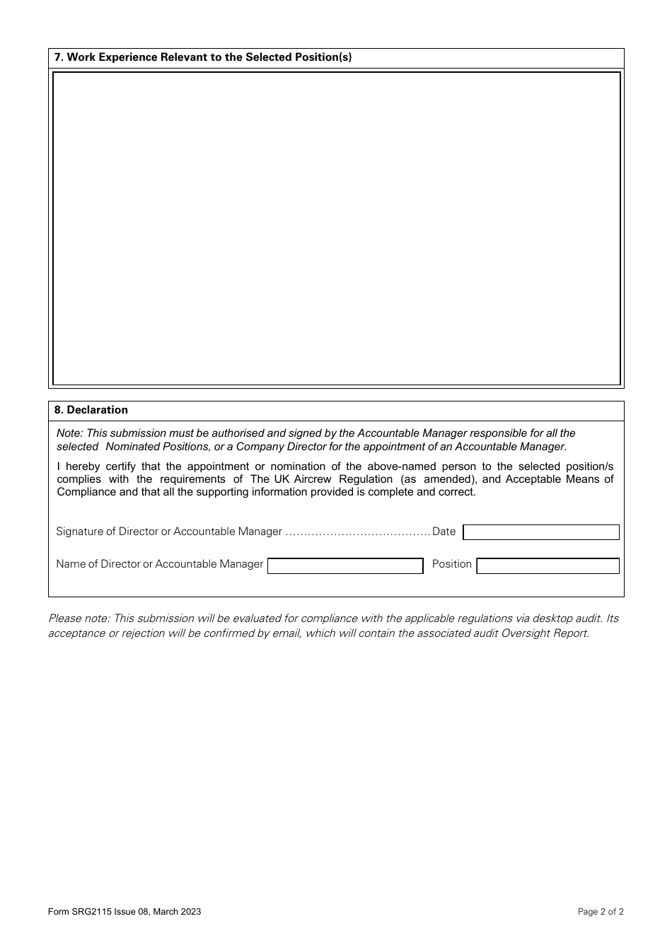 Form SRG2115 Approved Training Organisations Accountable Manager  Nominated Persons Submission - United Kingdom, Page 2