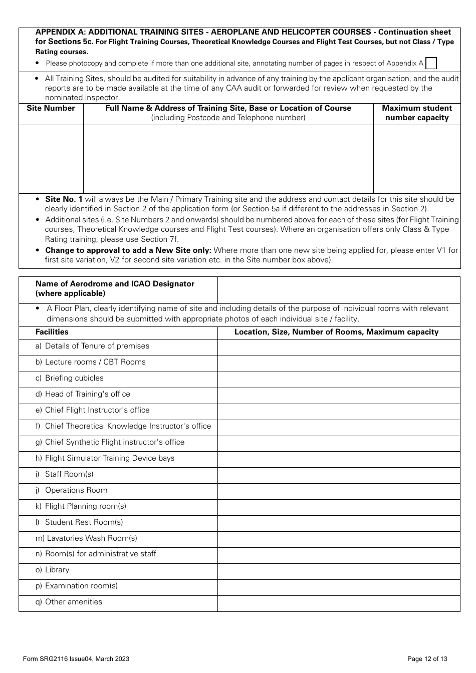 Form SRG2116 Application for Initial Approval of Training Organisations and Change to Course Approvals Under Easa Aircrew Regulation Annex VII - Part-Ora (Aeroplanes and Helicopters) - United Kingdom, Page 12