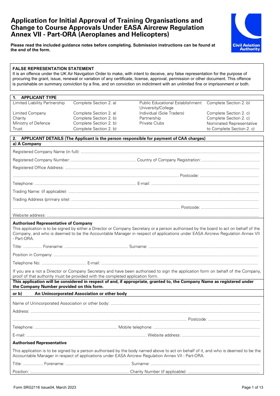 Form SRG2116 Application for Initial Approval of Training Organisations and Change to Course Approvals Under Easa Aircrew Regulation Annex VII - Part-Ora (Aeroplanes and Helicopters) - United Kingdom, Page 1