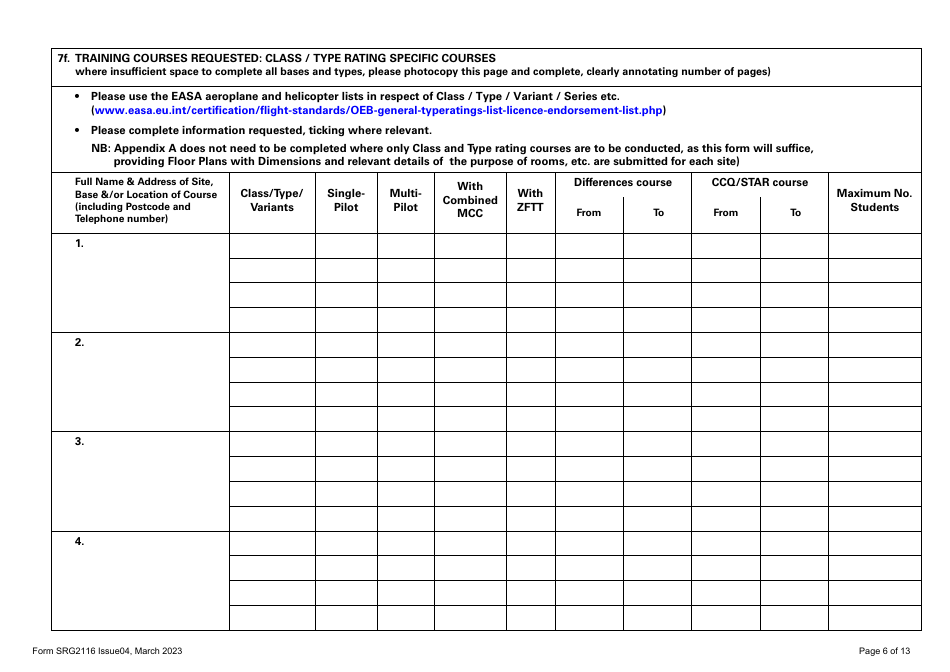 Form SRG2116 Application for Initial Approval of Training Organisations and Change to Course Approvals Under Easa Aircrew Regulation Annex VII - Part-Ora (Aeroplanes and Helicopters) - United Kingdom, Page 6