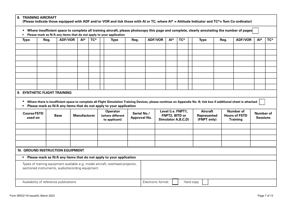 Form SRG2116 Application for Initial Approval of Training Organisations and Change to Course Approvals Under Easa Aircrew Regulation Annex VII - Part-Ora (Aeroplanes and Helicopters) - United Kingdom, Page 7