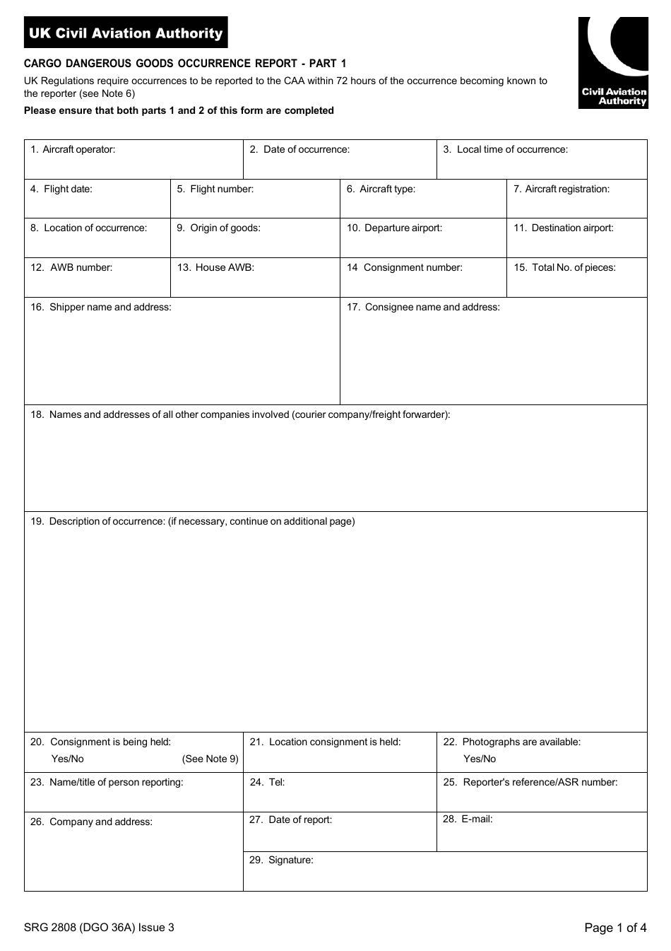 Form SRG2808 (DGO36A) Cargo Dangerous Goods Occurrence Report - United Kingdom, Page 1