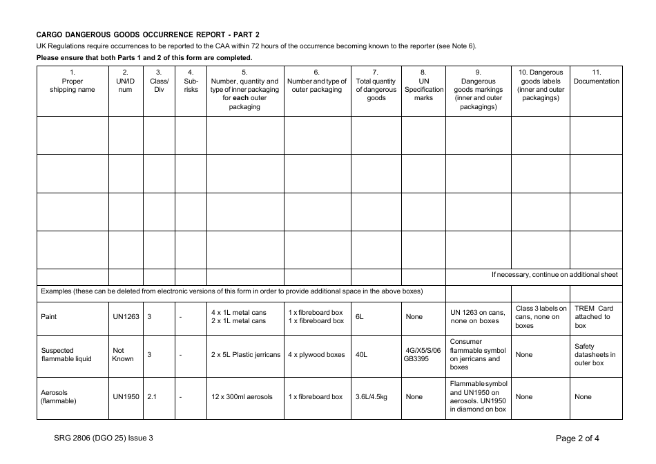 Form SRG2808 (DGO36A) Cargo Dangerous Goods Occurrence Report - United Kingdom, Page 2