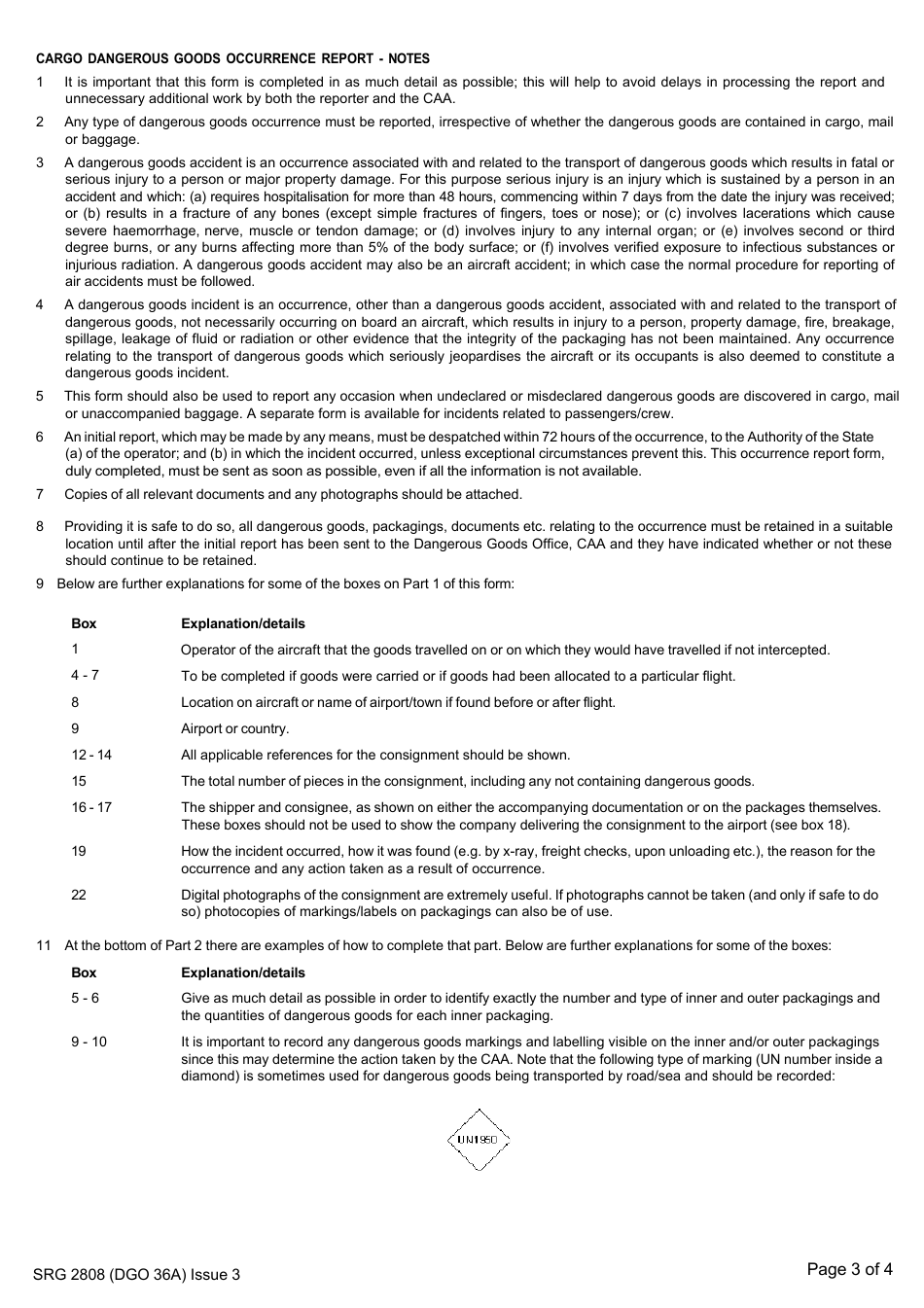 Form SRG2808 (DGO36A) Cargo Dangerous Goods Occurrence Report - United Kingdom, Page 3