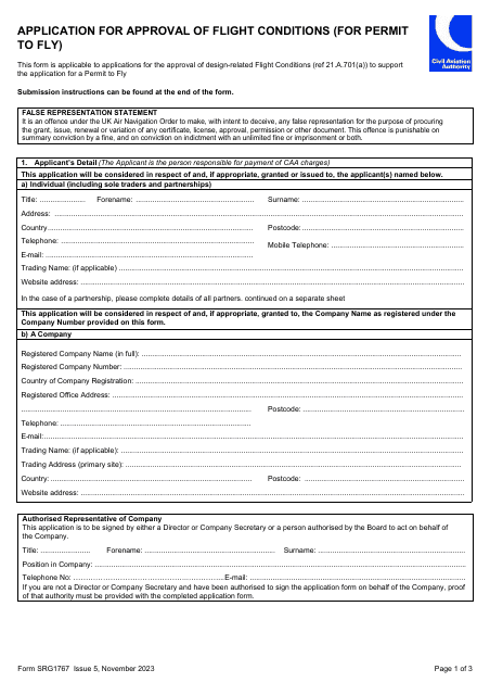 Form SRG1767 Application for Approval of Flight Conditions (For Permit to Fly) - United Kingdom