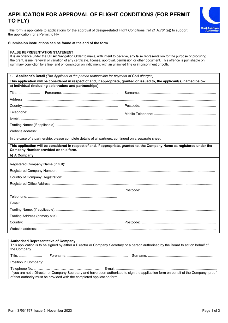 Form SRG1767 Application for Approval of Flight Conditions (For Permit to Fly) - United Kingdom, Page 1