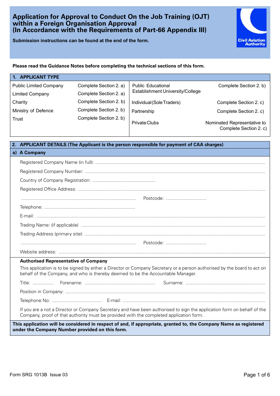 Form SRG1013B Application for Approval to Conduct on the Job Training (Ojt) Within a Foreign Organisation Approval (In Accordance With the Requirements of Part-66 Appendix Iii) - United Kingdom, Page 1