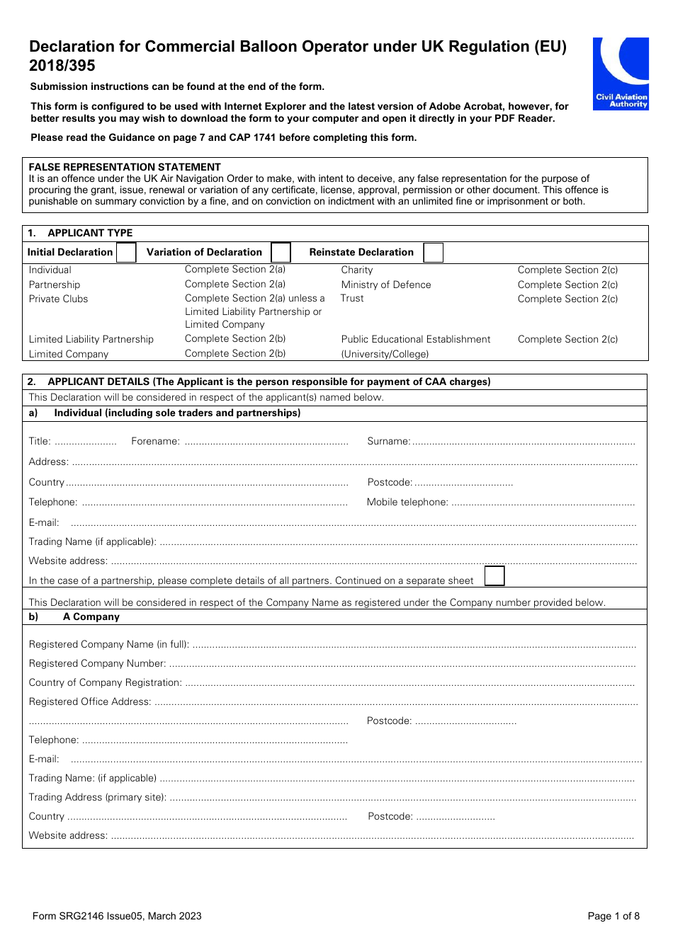Form SRG2146 Declaration for Commercial Balloon Operator Under UK Regulation (Eu) 2018 / 395 - United Kingdom, Page 1