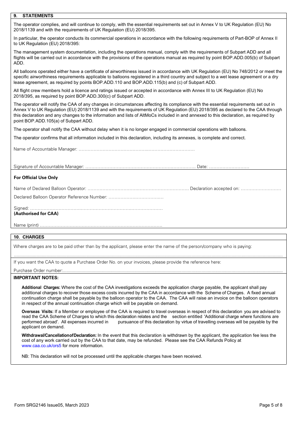 Form SRG2146 Declaration for Commercial Balloon Operator Under UK Regulation (Eu) 2018 / 395 - United Kingdom, Page 5