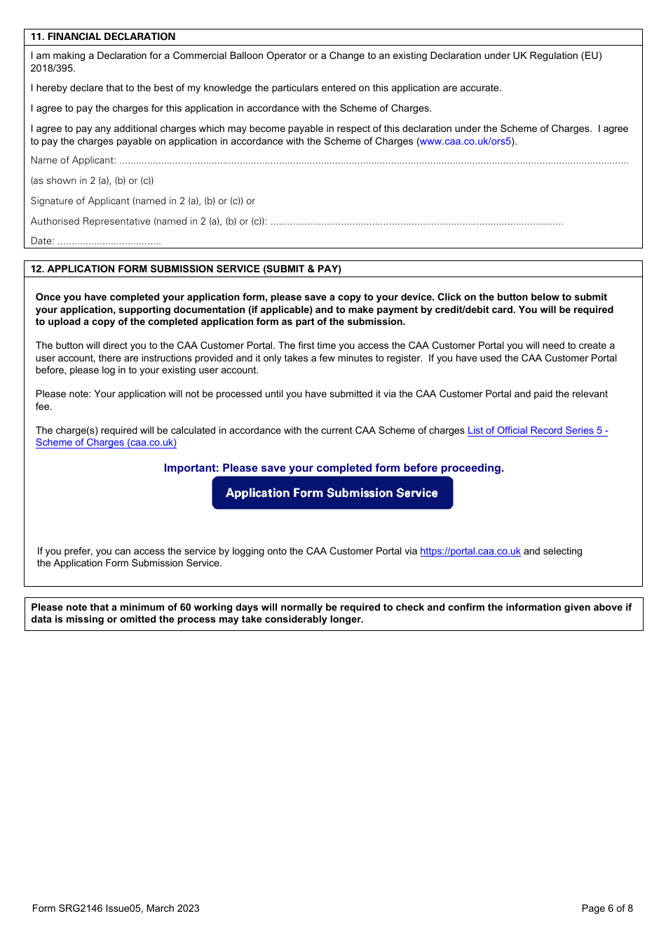 Form SRG2146 Declaration for Commercial Balloon Operator Under UK Regulation (Eu) 2018 / 395 - United Kingdom, Page 6