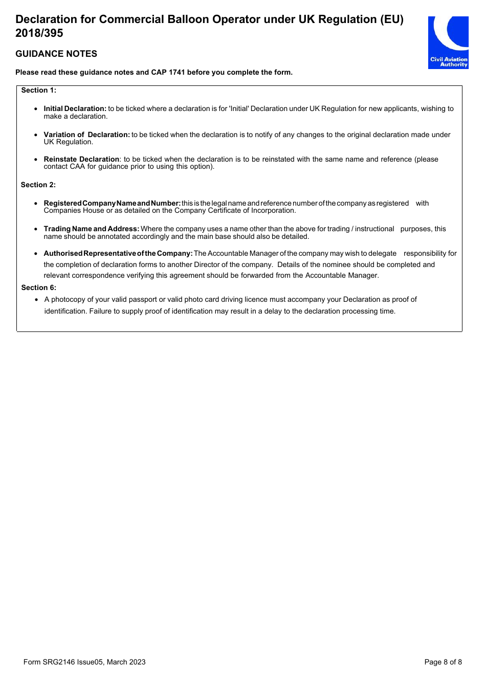 Form SRG2146 Declaration for Commercial Balloon Operator Under UK Regulation (Eu) 2018 / 395 - United Kingdom, Page 8