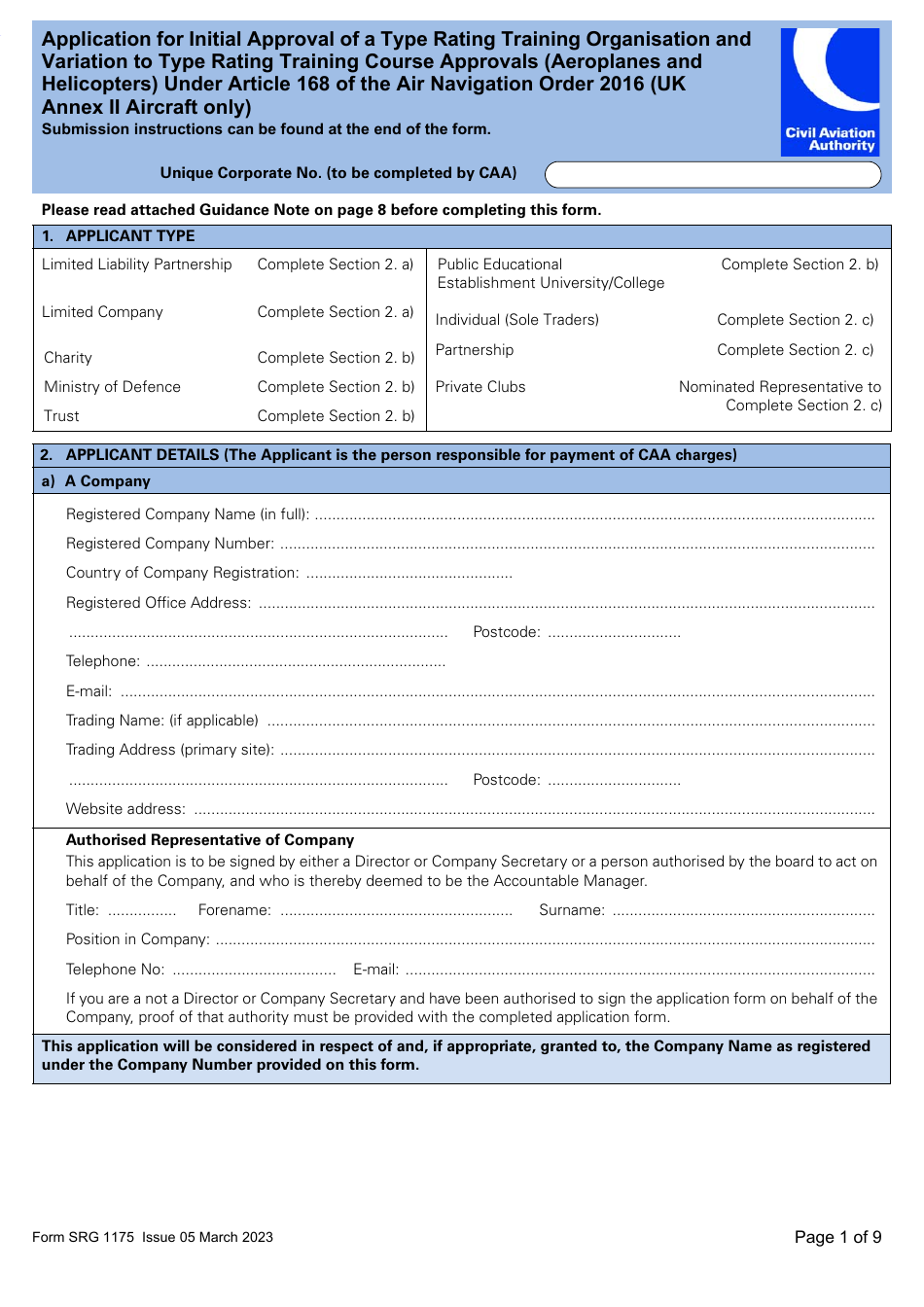 Form SRG1175 Application for Initial Approval of a Type Rating Training Organisation and Variation to Type Rating Training Course Approvals (Aeroplanes and Helicopters) Under Article 168 of the Air Navigation Order 2016 (UK Annex II Aircraft Only) - United Kingdom, Page 1