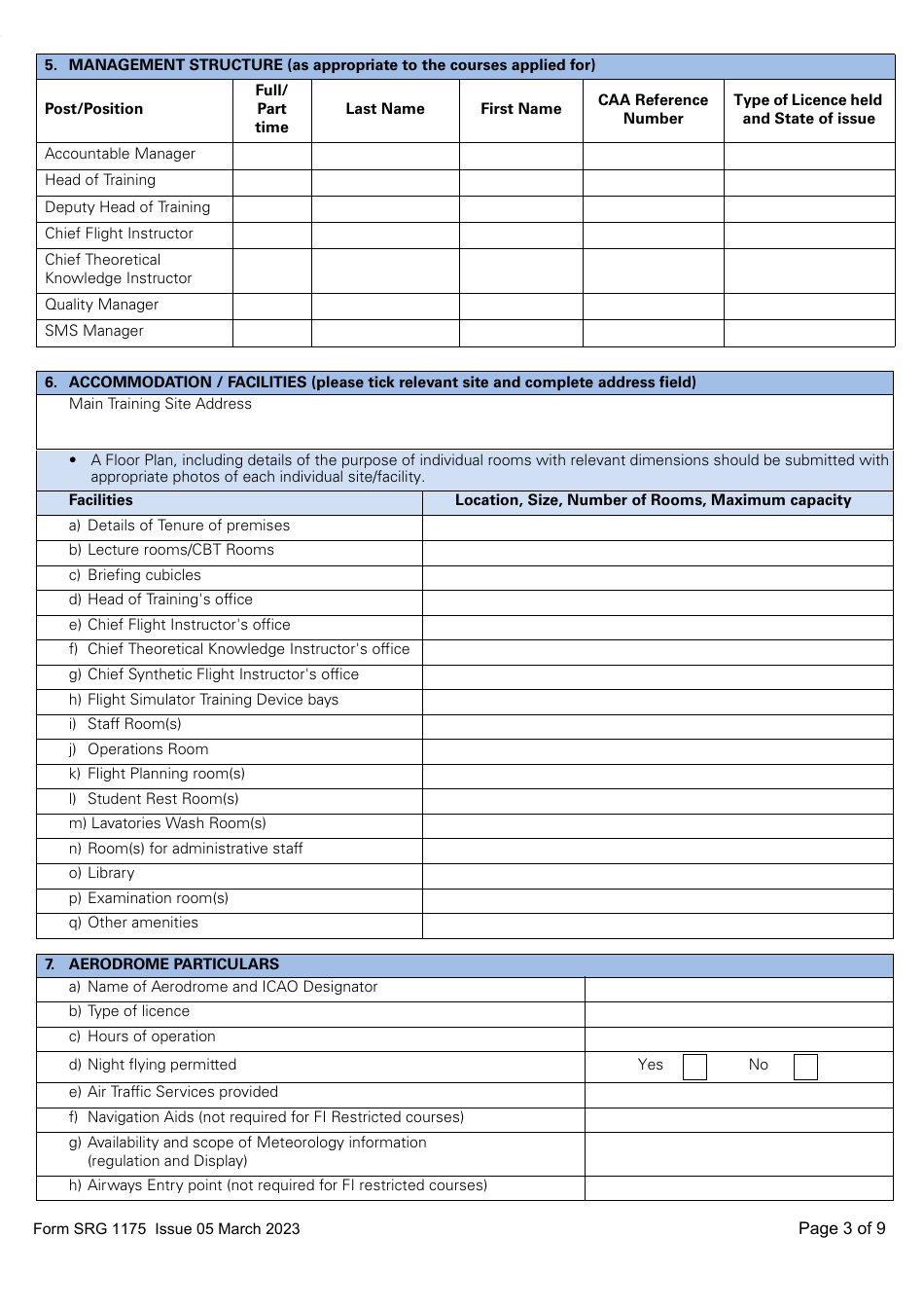 Form SRG1175 Application for Initial Approval of a Type Rating Training Organisation and Variation to Type Rating Training Course Approvals (Aeroplanes and Helicopters) Under Article 168 of the Air Navigation Order 2016 (UK Annex II Aircraft Only) - United Kingdom, Page 3