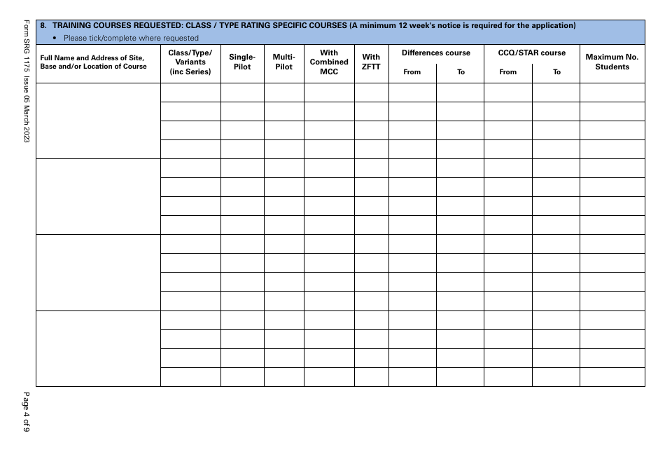 Form SRG1175 Application for Initial Approval of a Type Rating Training Organisation and Variation to Type Rating Training Course Approvals (Aeroplanes and Helicopters) Under Article 168 of the Air Navigation Order 2016 (UK Annex II Aircraft Only) - United Kingdom, Page 4