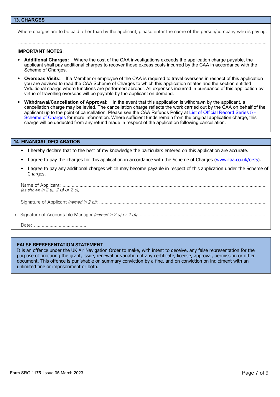 Form SRG1175 Application for Initial Approval of a Type Rating Training Organisation and Variation to Type Rating Training Course Approvals (Aeroplanes and Helicopters) Under Article 168 of the Air Navigation Order 2016 (UK Annex II Aircraft Only) - United Kingdom, Page 7