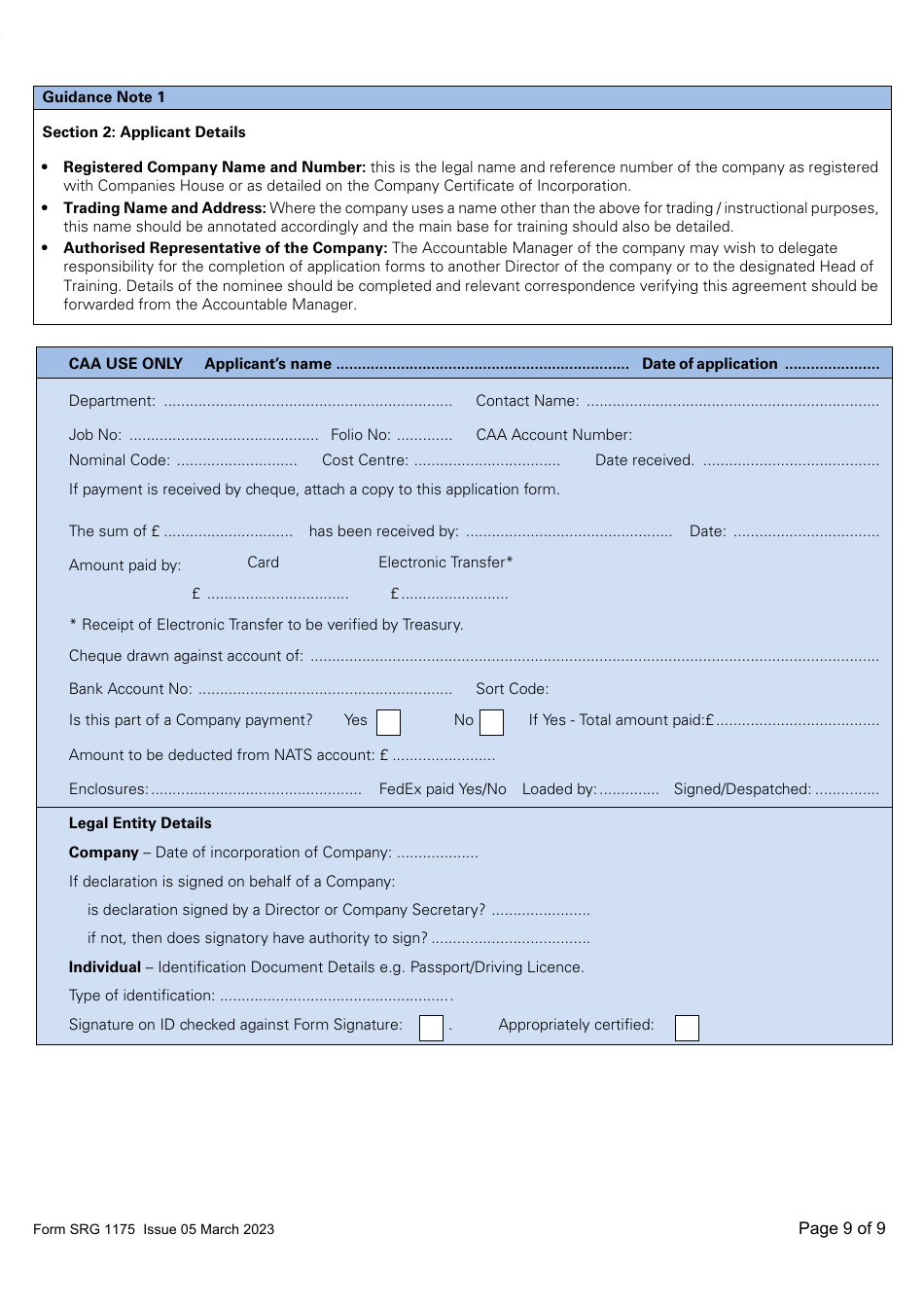 Form SRG1175 Application for Initial Approval of a Type Rating Training Organisation and Variation to Type Rating Training Course Approvals (Aeroplanes and Helicopters) Under Article 168 of the Air Navigation Order 2016 (UK Annex II Aircraft Only) - United Kingdom, Page 9