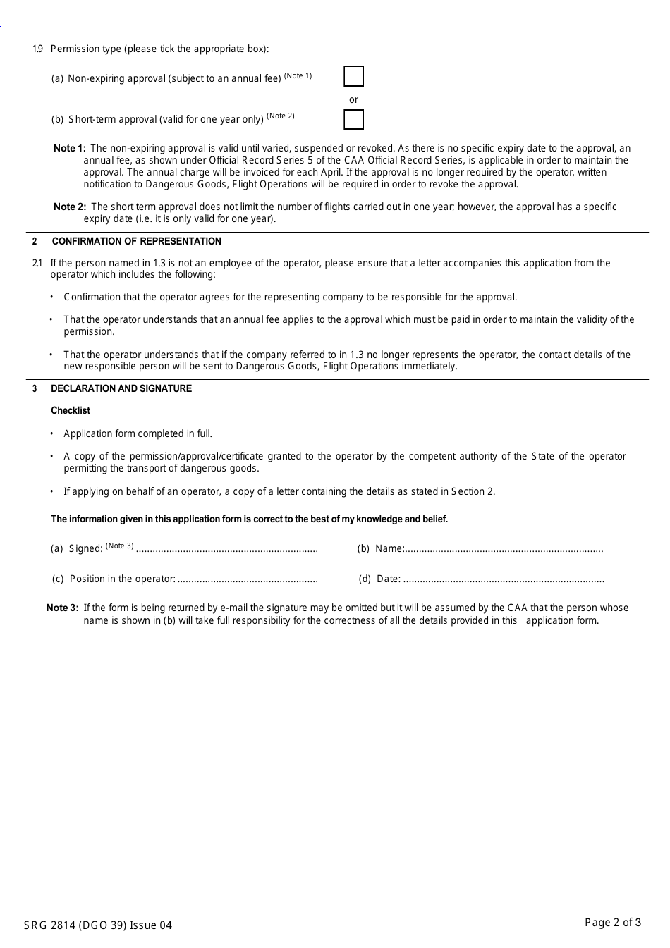 Form SRG2814 (DGO49) Application for Long Term Permission to Transport Munitions of War by Air Operators of Aircraft Not Registered in the Uk - United Kingdom, Page 2