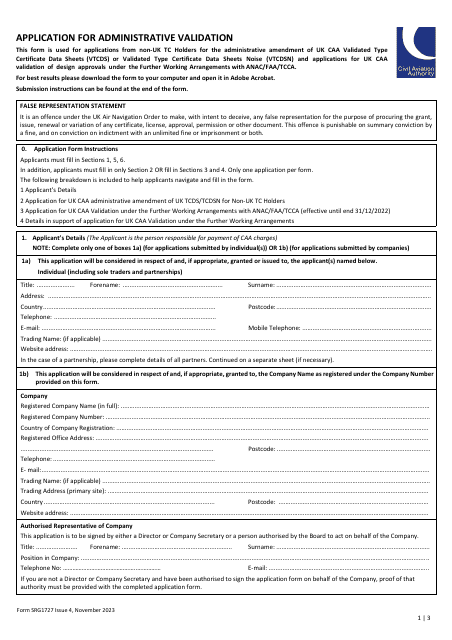 Form SRG1727 Application for Administrative Validation - United Kingdom