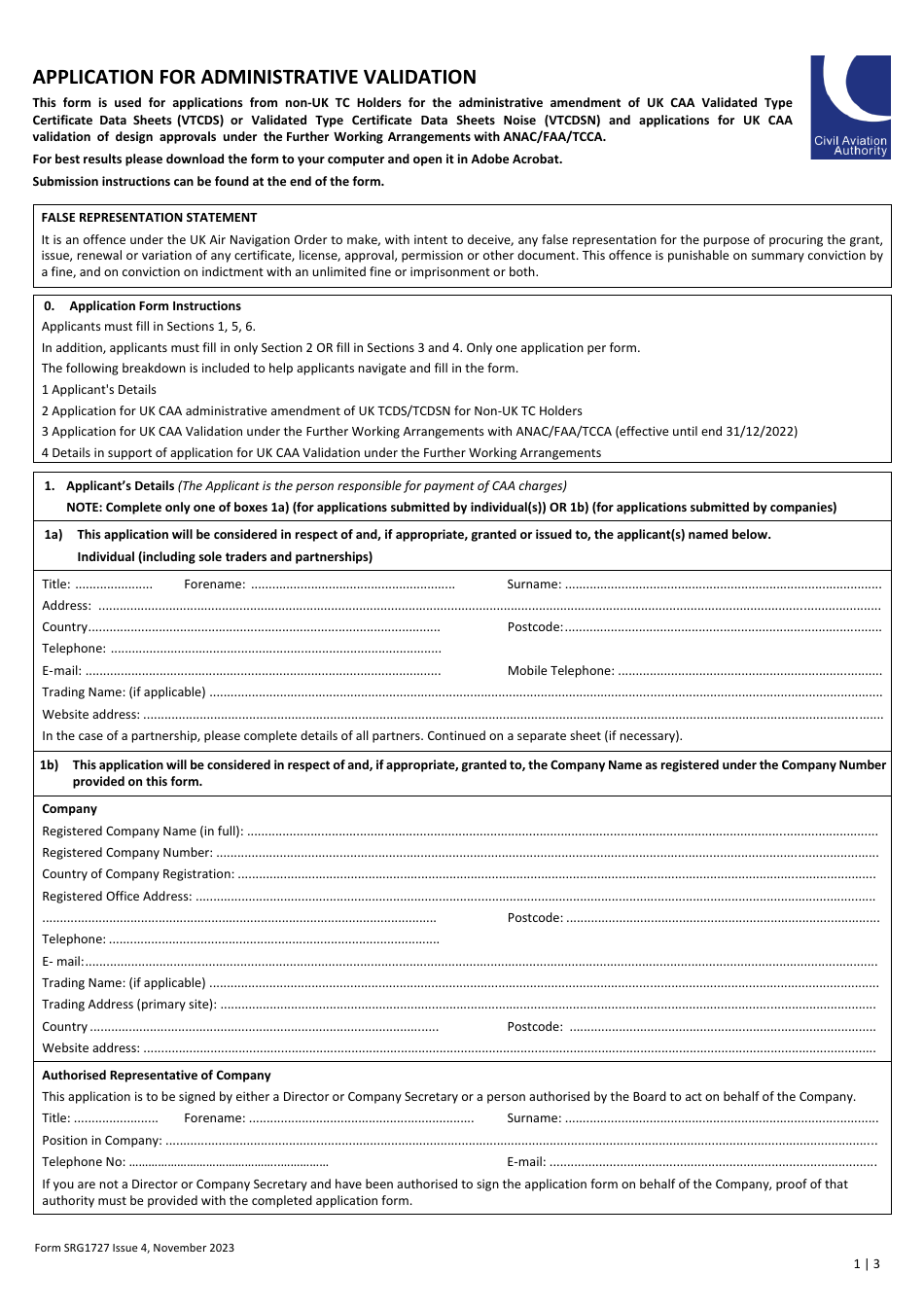 Form SRG1727 Application for Administrative Validation - United Kingdom, Page 1