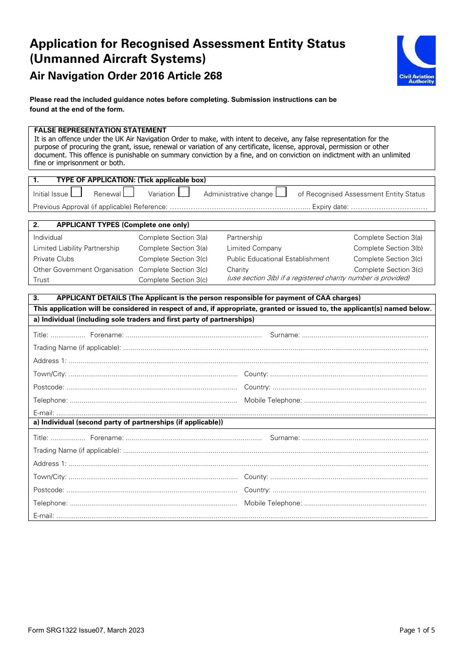 Form SRG1322 Application for Recognised Assessment Entity Status (Unmanned Aircraft Systems) - United Kingdom, Page 1
