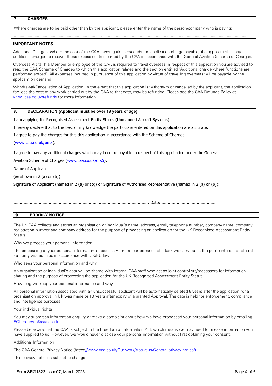 Form SRG1322 Application for Recognised Assessment Entity Status (Unmanned Aircraft Systems) - United Kingdom, Page 4