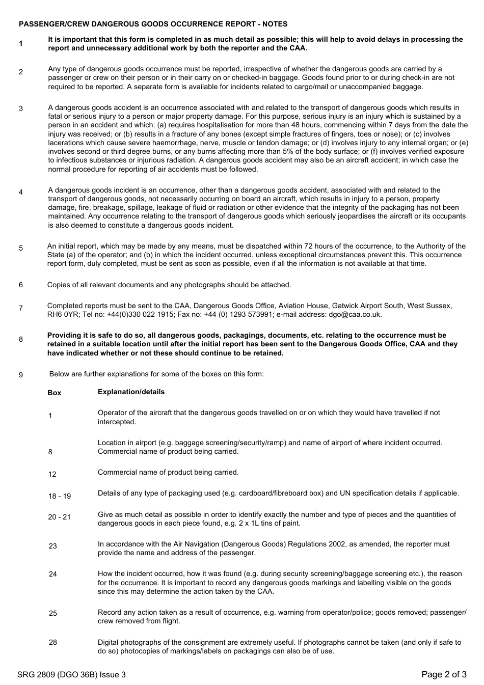 Form SRG2809 (DGO36B) Passenger / Crew Dangerous Goods Occurrence Report - United Kingdom, Page 2