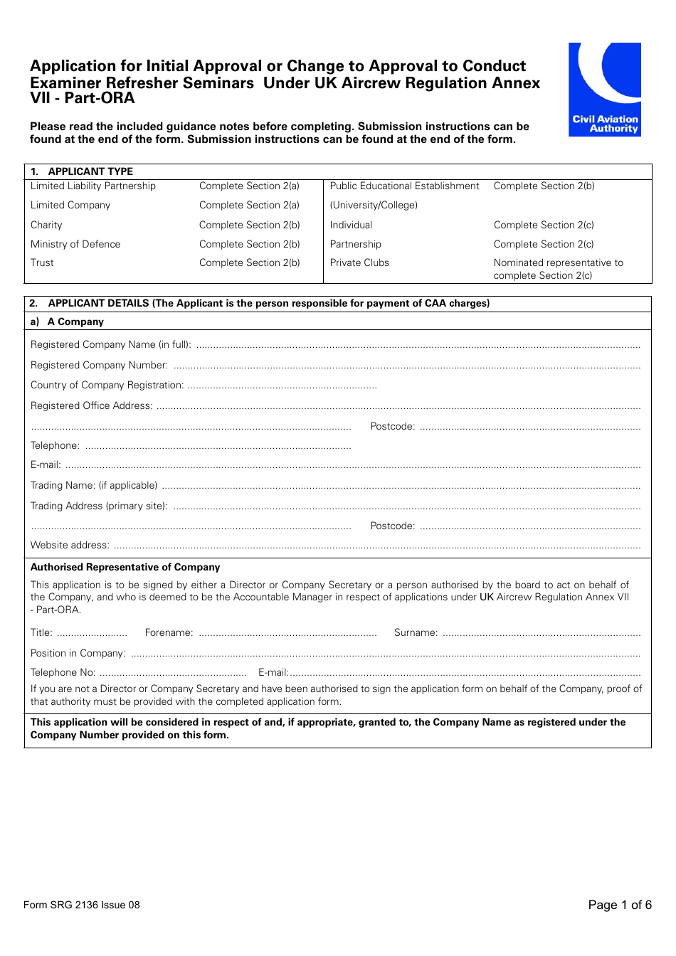 Form SRG2136 Application for Initial Approval or Change to Approval to Conduct Examiner Refresher Seminars Under UK Aircrew Regulation Annex VII - Part-Ora - United Kingdom, Page 1