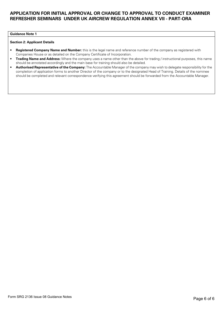 Form SRG2136 Application for Initial Approval or Change to Approval to Conduct Examiner Refresher Seminars Under UK Aircrew Regulation Annex VII - Part-Ora - United Kingdom, Page 6