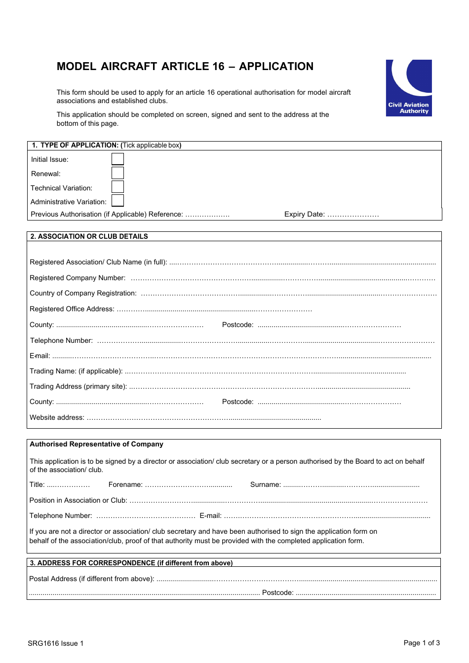 Form SRG1616 Model Aircraft Article 16 - Application - United Kingdom, Page 1