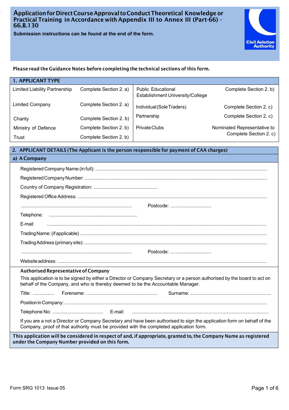 Form SRG1013 Application for Direct Course Approval to Conduct Theoretical Knowledge or Practical Training in Accordance With Appendix Iii to Annex Iii (Part-66) - 66.b.130 - United Kingdom, Page 1