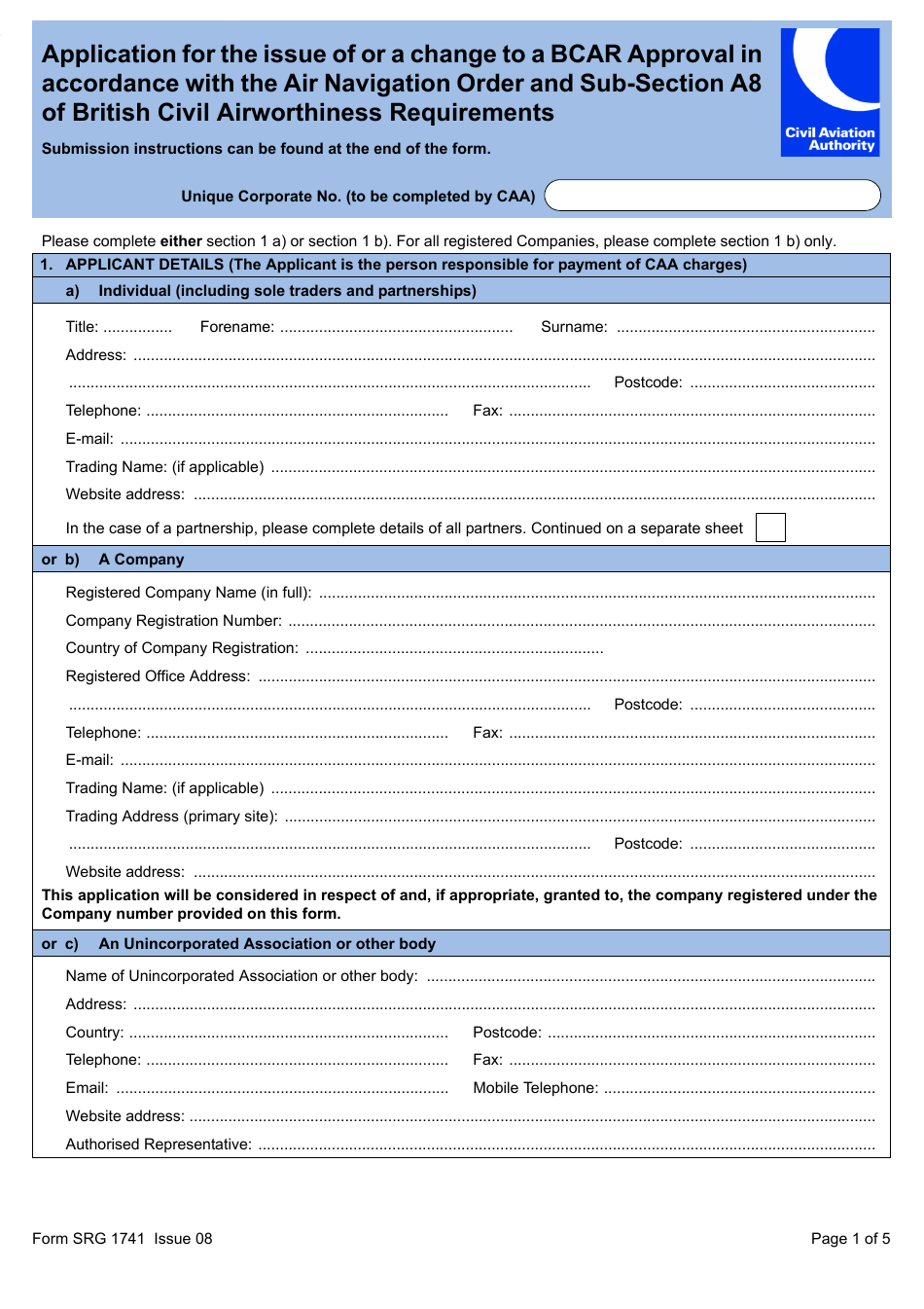 Form SRG1741 Application for the Issue of or a Change to a Bcar Approval in Accordance With the Air Navigation Order and Sub-section A8 of British Civil Airworthiness Requirements - United Kingdom, Page 1