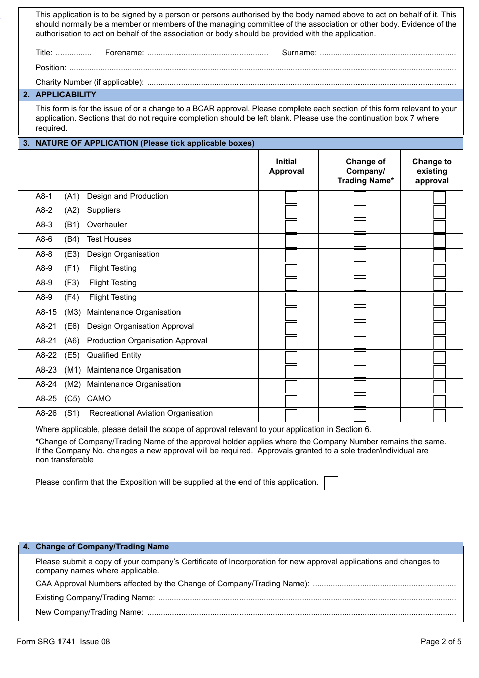 Form SRG1741 Application for the Issue of or a Change to a Bcar Approval in Accordance With the Air Navigation Order and Sub-section A8 of British Civil Airworthiness Requirements - United Kingdom, Page 2