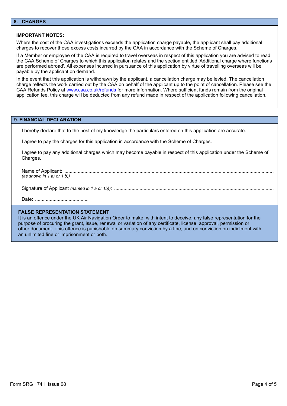 Form SRG1741 Application for the Issue of or a Change to a Bcar Approval in Accordance With the Air Navigation Order and Sub-section A8 of British Civil Airworthiness Requirements - United Kingdom, Page 4