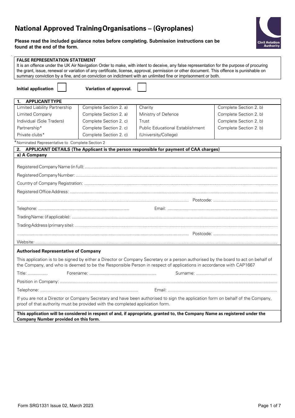 Form SRG1331 National Approved Training Organisations - (Gyroplanes) - United Kingdom, Page 1
