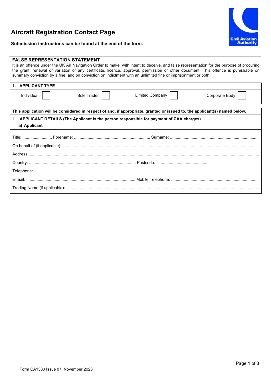Form CA1330 Aircraft Registration Contact Page - United Kingdom, Page 1