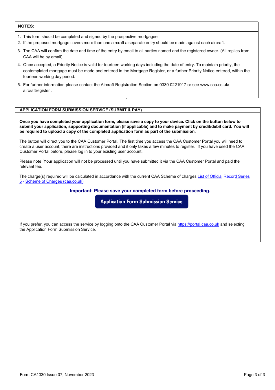 Form CA1330 Aircraft Registration Contact Page - United Kingdom, Page 3
