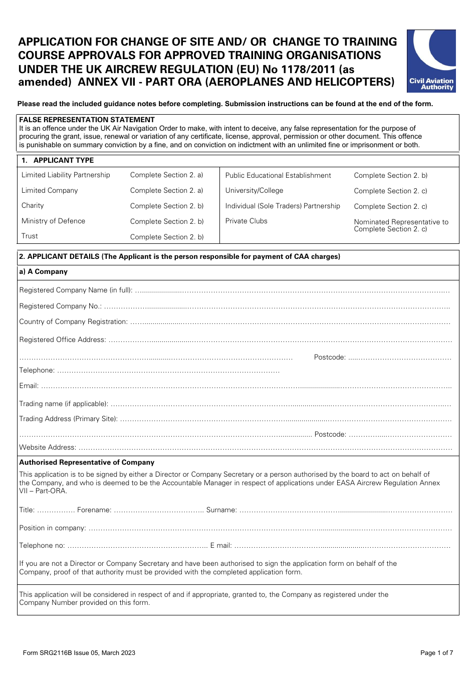 Form SRG2116B Application for Change of Site and / or Change to Training Course Approvals for Approved Training Organisations Under the UK Aircrew Regulation (Eu) No 1178 / 2011 (As Amended) - Annex VII - Part Ora (Aeroplanes and Helicopters) - United Kingdom, Page 1