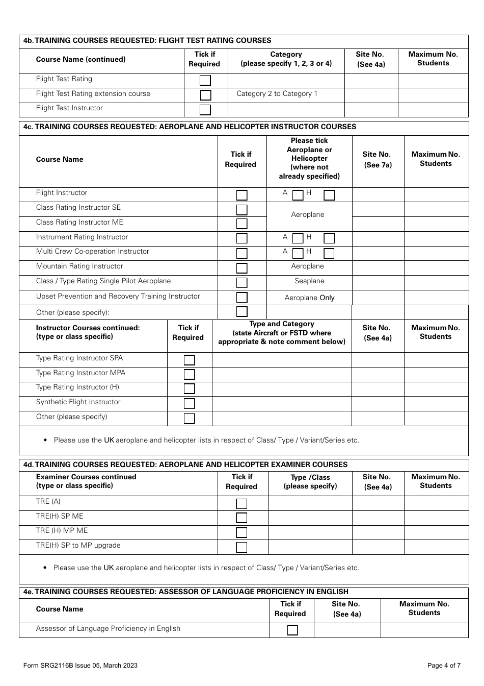 Form SRG2116B Application for Change of Site and / or Change to Training Course Approvals for Approved Training Organisations Under the UK Aircrew Regulation (Eu) No 1178 / 2011 (As Amended) - Annex VII - Part Ora (Aeroplanes and Helicopters) - United Kingdom, Page 4