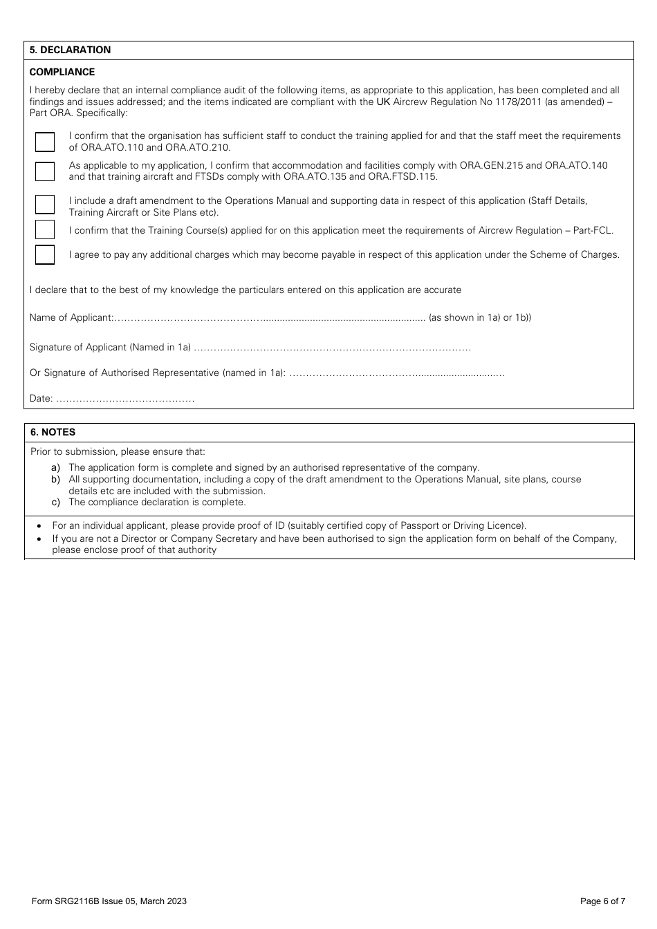 Form SRG2116B Application for Change of Site and / or Change to Training Course Approvals for Approved Training Organisations Under the UK Aircrew Regulation (Eu) No 1178 / 2011 (As Amended) - Annex VII - Part Ora (Aeroplanes and Helicopters) - United Kingdom, Page 6