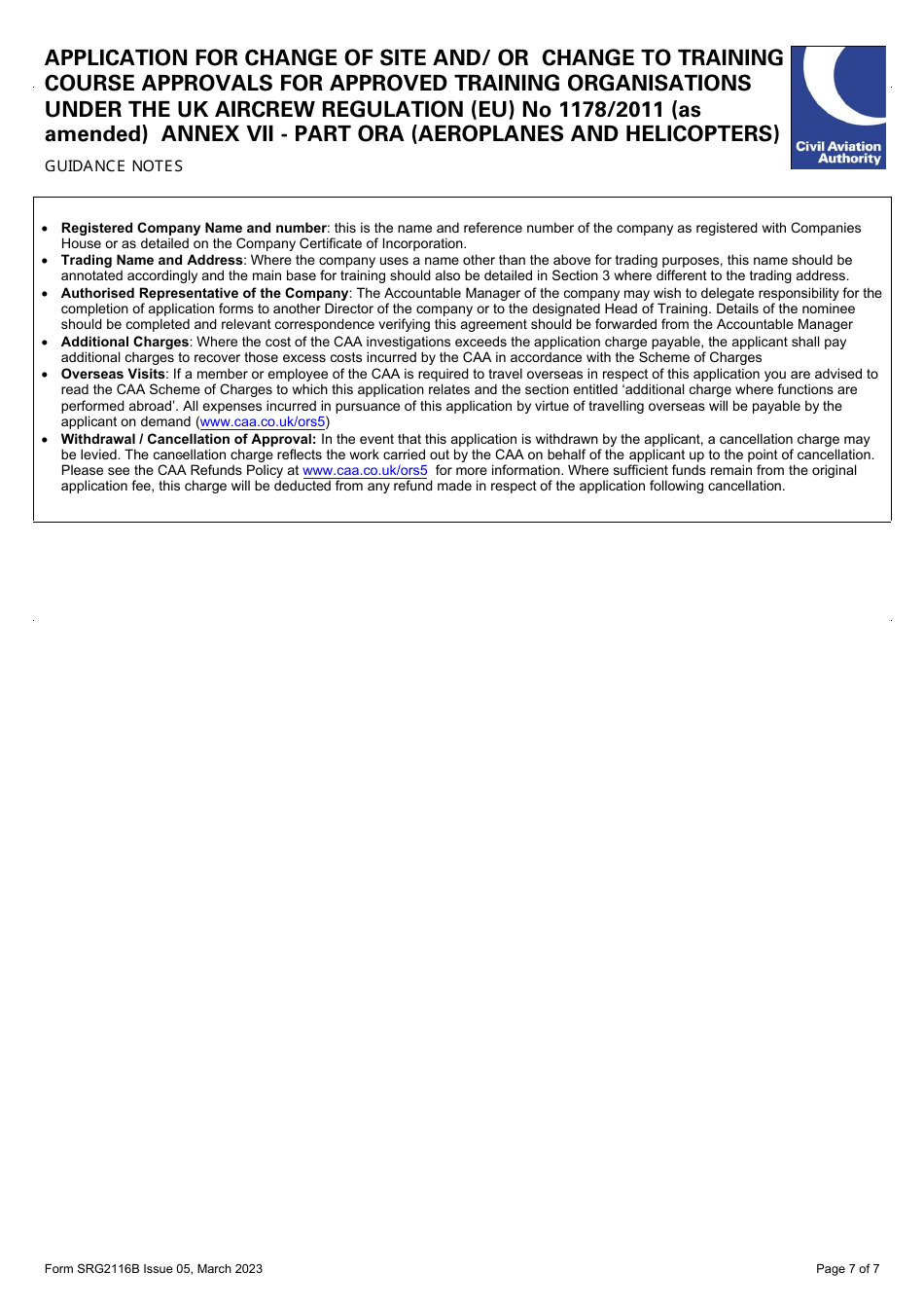 Form SRG2116B Application for Change of Site and / or Change to Training Course Approvals for Approved Training Organisations Under the UK Aircrew Regulation (Eu) No 1178 / 2011 (As Amended) - Annex VII - Part Ora (Aeroplanes and Helicopters) - United Kingdom, Page 8