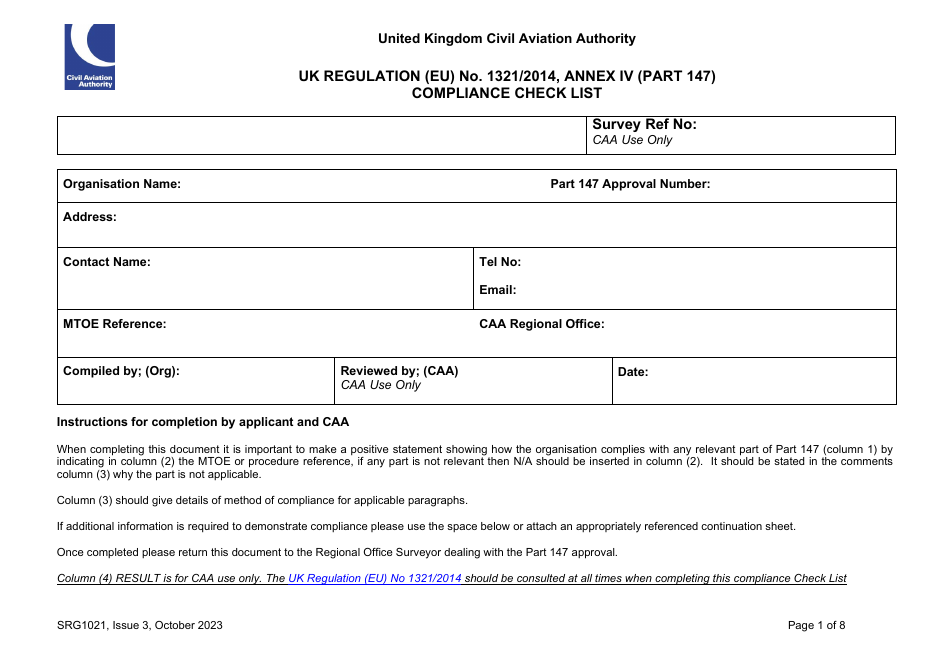 Form SRG1021 UK Regulation (Eu) No. 1321 / 2014, Annex IV (Part 147) Compliance Check List - United Kingdom, Page 1