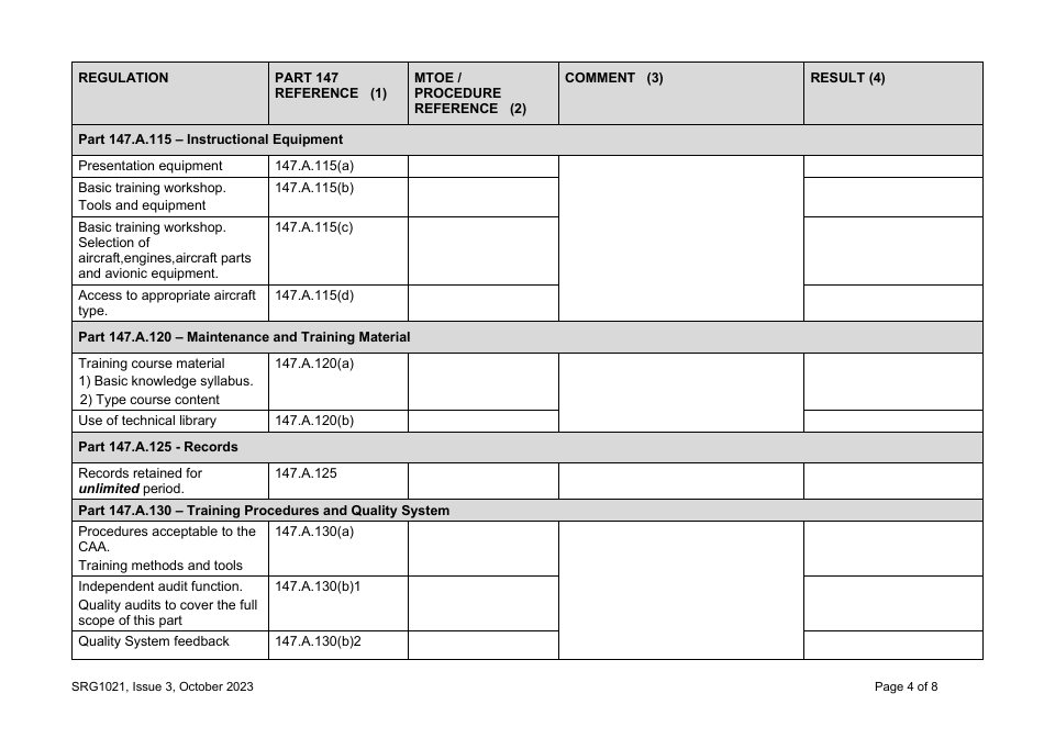 Form SRG1021 UK Regulation (Eu) No. 1321 / 2014, Annex IV (Part 147) Compliance Check List - United Kingdom, Page 4