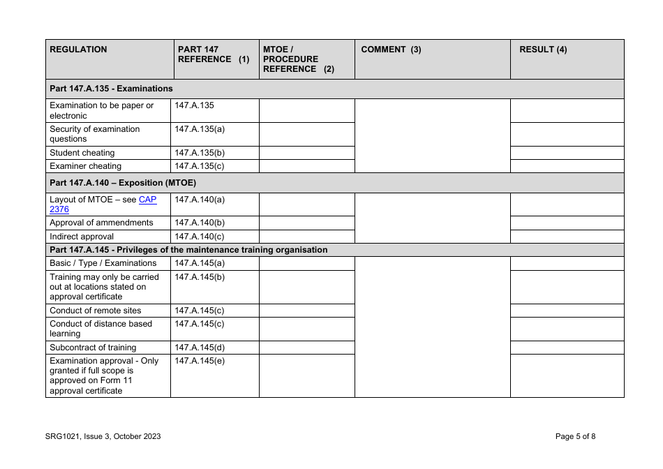 Form SRG1021 UK Regulation (Eu) No. 1321 / 2014, Annex IV (Part 147) Compliance Check List - United Kingdom, Page 5